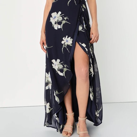 Lulus Wrap Dress - Floral Navy Blue - Picture 3 of 6